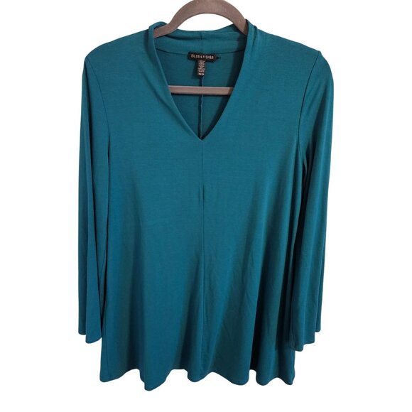 Eileen Fisher Woman SZ XS V Neck Tunic Tee Bell Sleeve Teal Green Comfort Stretc - Picture 1 of 5